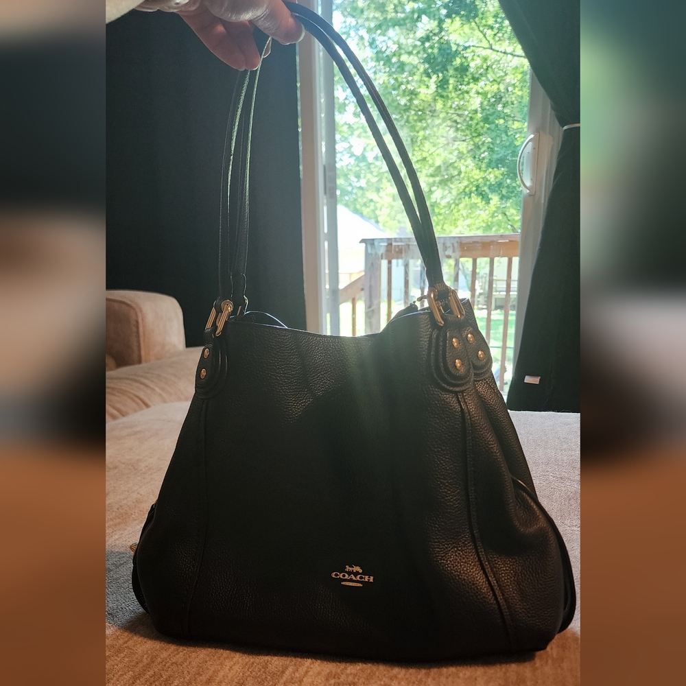 Coach Edie 31 Black Pebbled Leather Shoulder Bag.